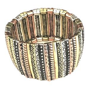 New Multi-Tone Stretch Bracelet Antiqued Gold Copper Silver Tones 7B
